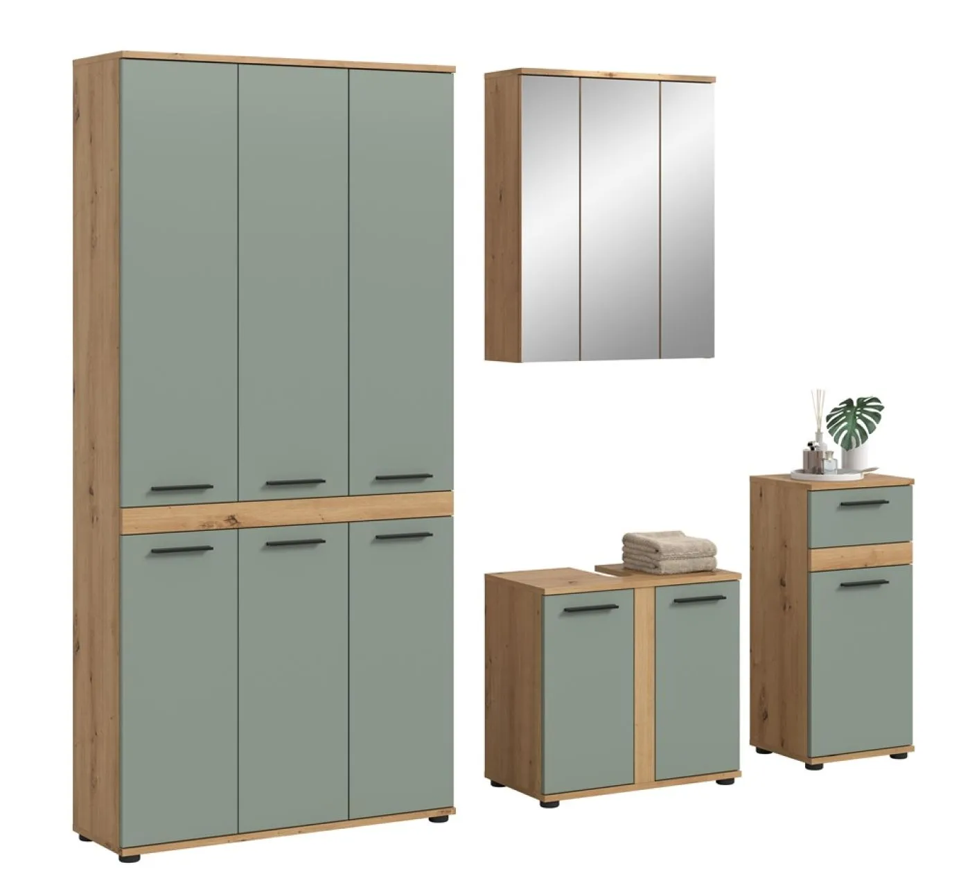 Badezimmer-Set Blake 3 | Salbei / Artisan Eiche | 4-teilig ohne Aufsatzleuchte