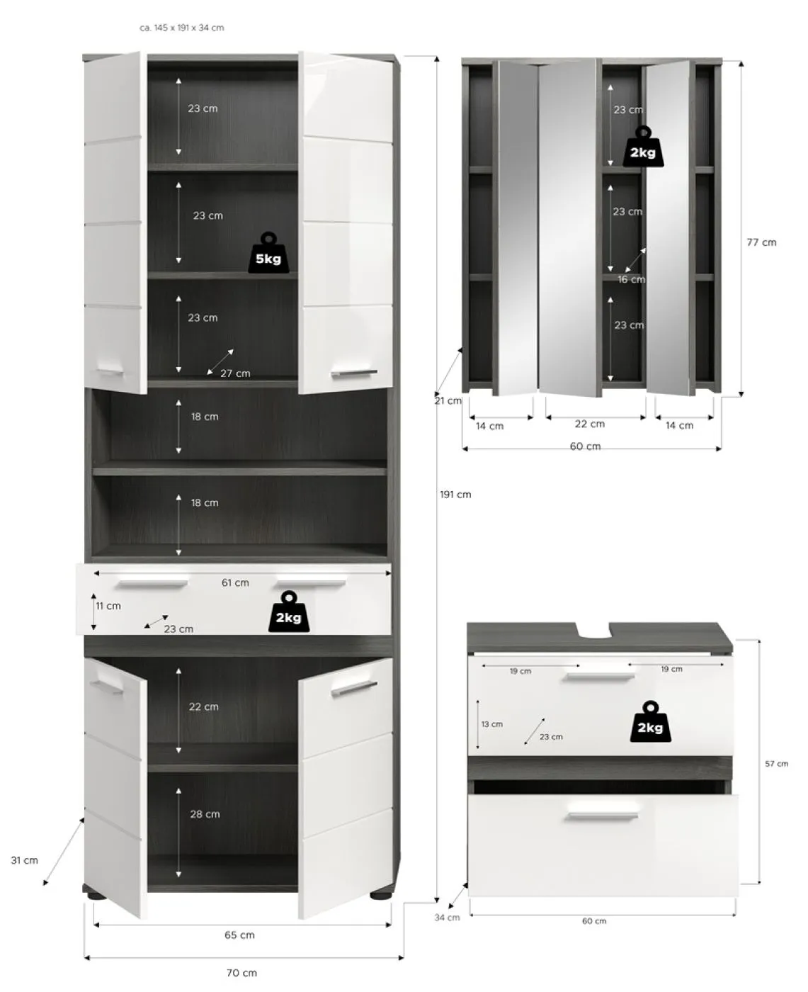 Badezimmer-Set Blake 3 | weiß Hochglanz / rauchsilber | 3-teilig mit LED
