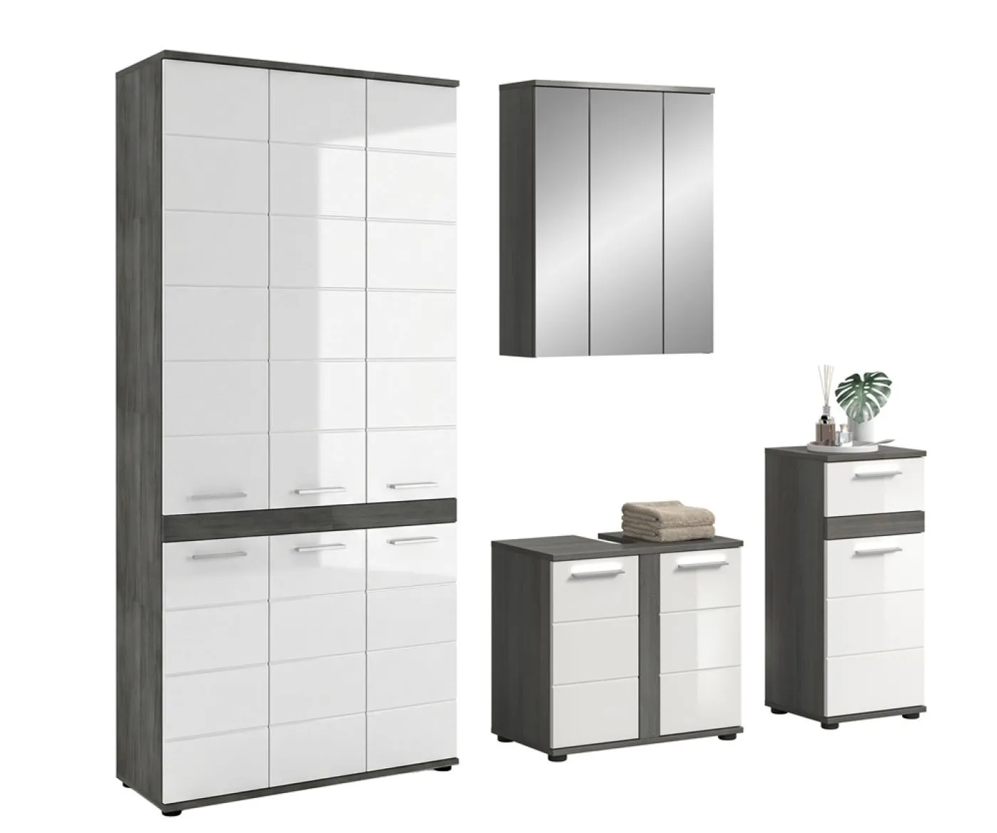 Badezimmer-Set Blake 3 | weiß Hochglanz / rauchsilber | 4-teilig mit LED