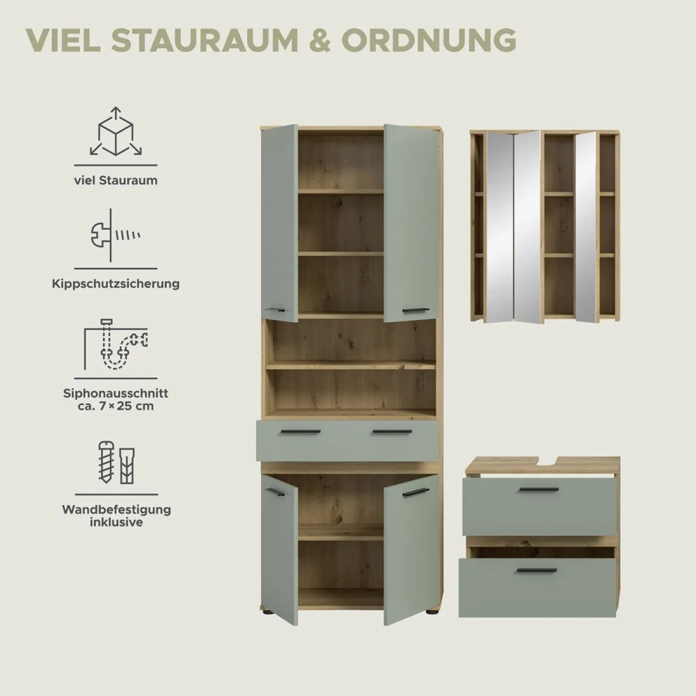 Badezimmer-Set Blake 4 | Salbei / Artisan Eiche | 3-teilig