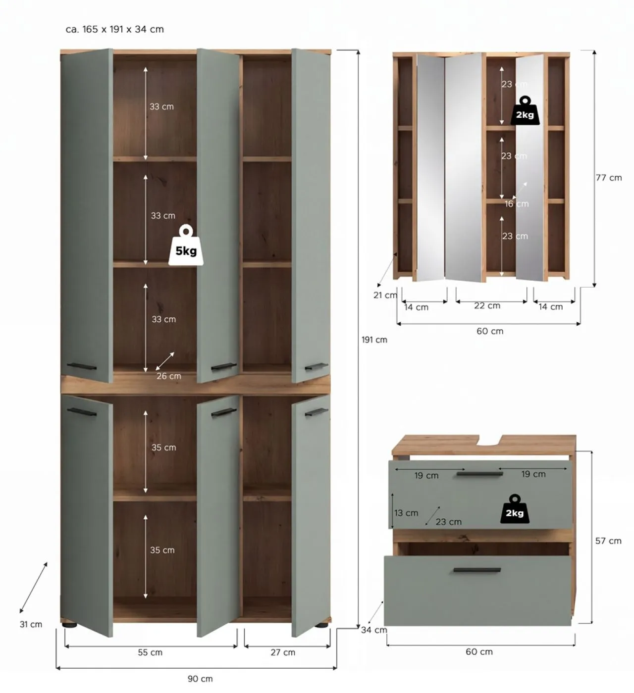 Badezimmer-Set Blake 4 | Salbei / Artisan Eiche | 3-teilig mit LED 2