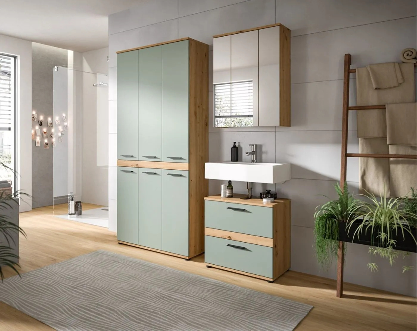 Badezimmer-Set Blake 4 | Salbei / Artisan Eiche | 3-teilig mit LED 2