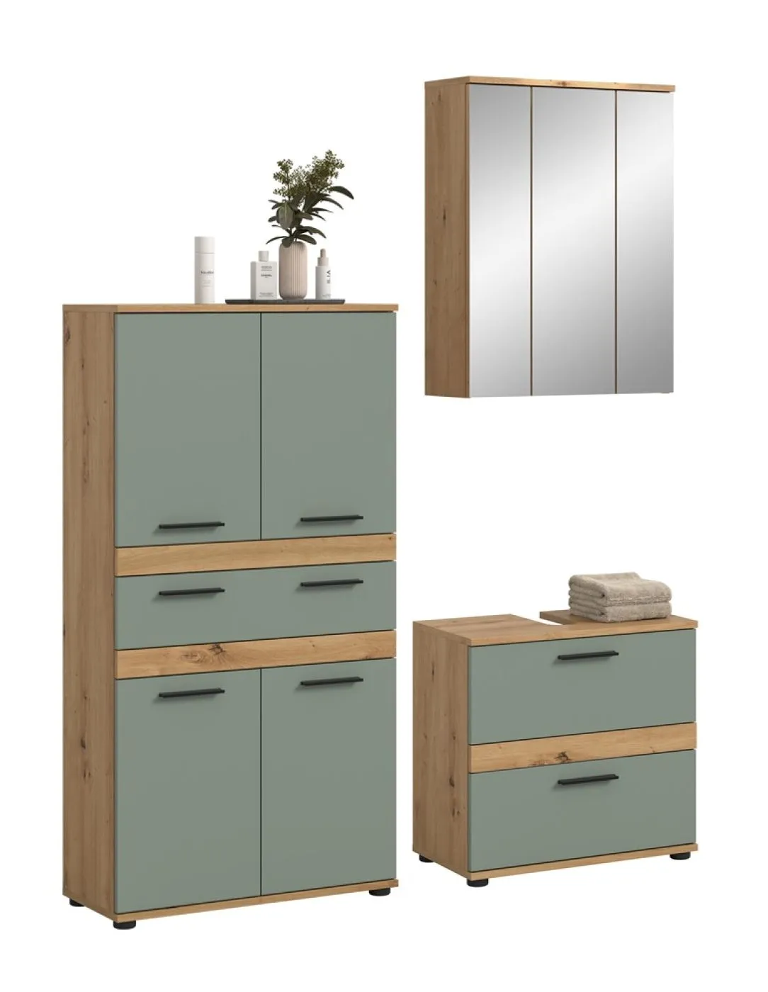Badezimmer-Set Blake 4 | Salbei / Artisan Eiche | 3-teilig mit LED