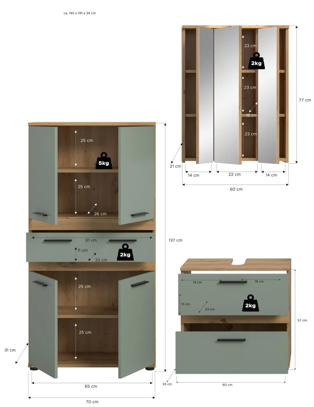 Badezimmer-Set Blake 4 | Salbei / Artisan Eiche | 3-teilig mit LED