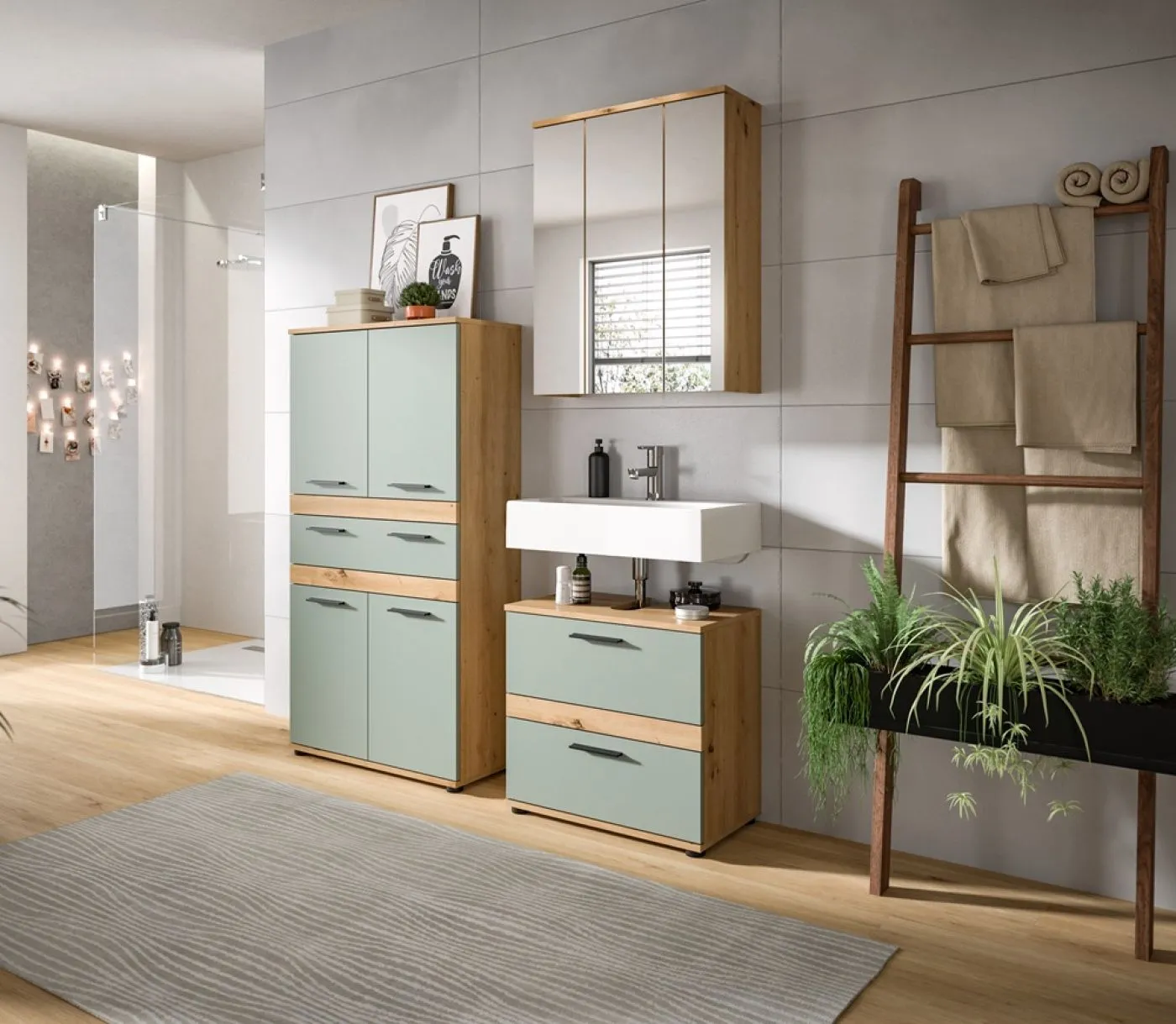 Badezimmer-Set Blake 4 | Salbei / Artisan Eiche | 3-teilig mit LED