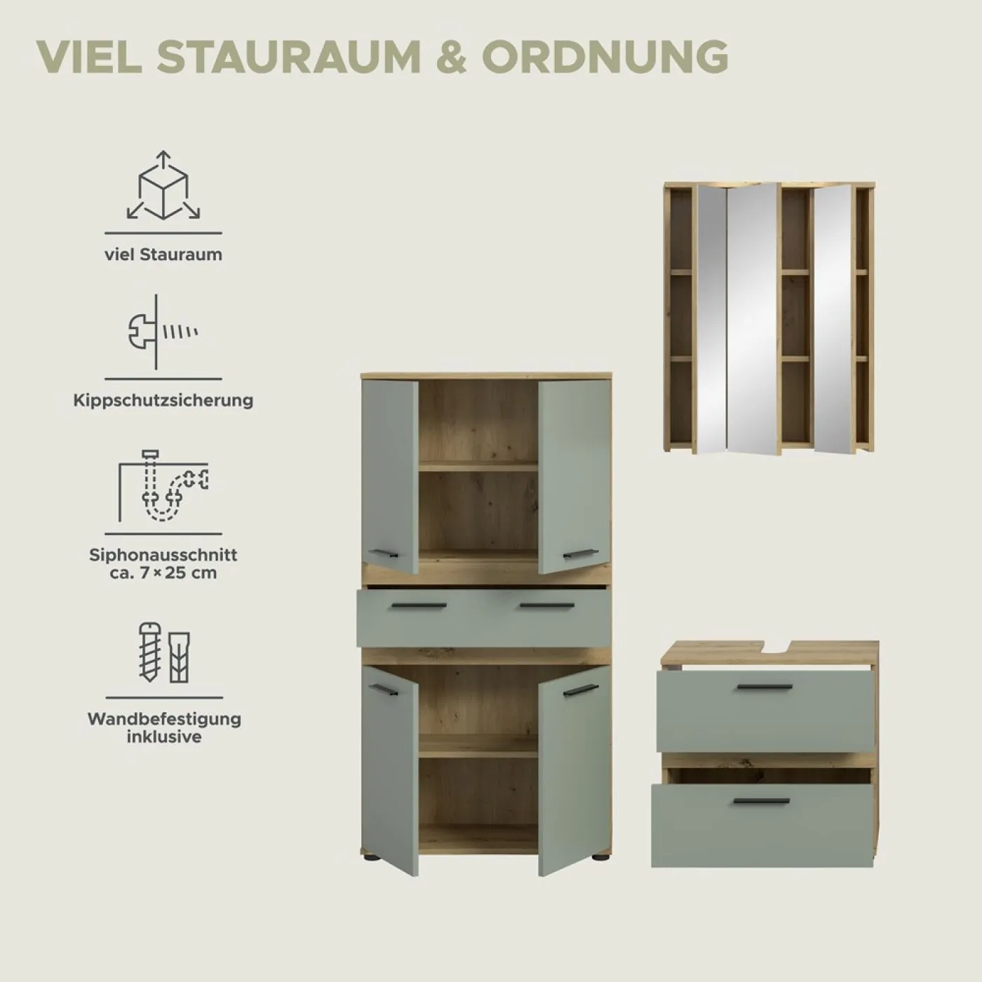 Badezimmer-Set Blake 4 | Salbei / Artisan Eiche | 3-teilig ohne Beleuchtung