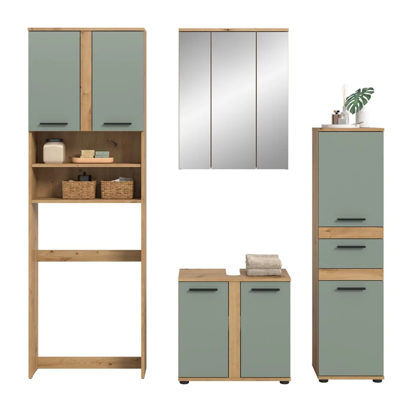 Badezimmer-Set Blake 4 | Salbei / Artisan Eiche | 4-teilig mit Aufsatzleuchte