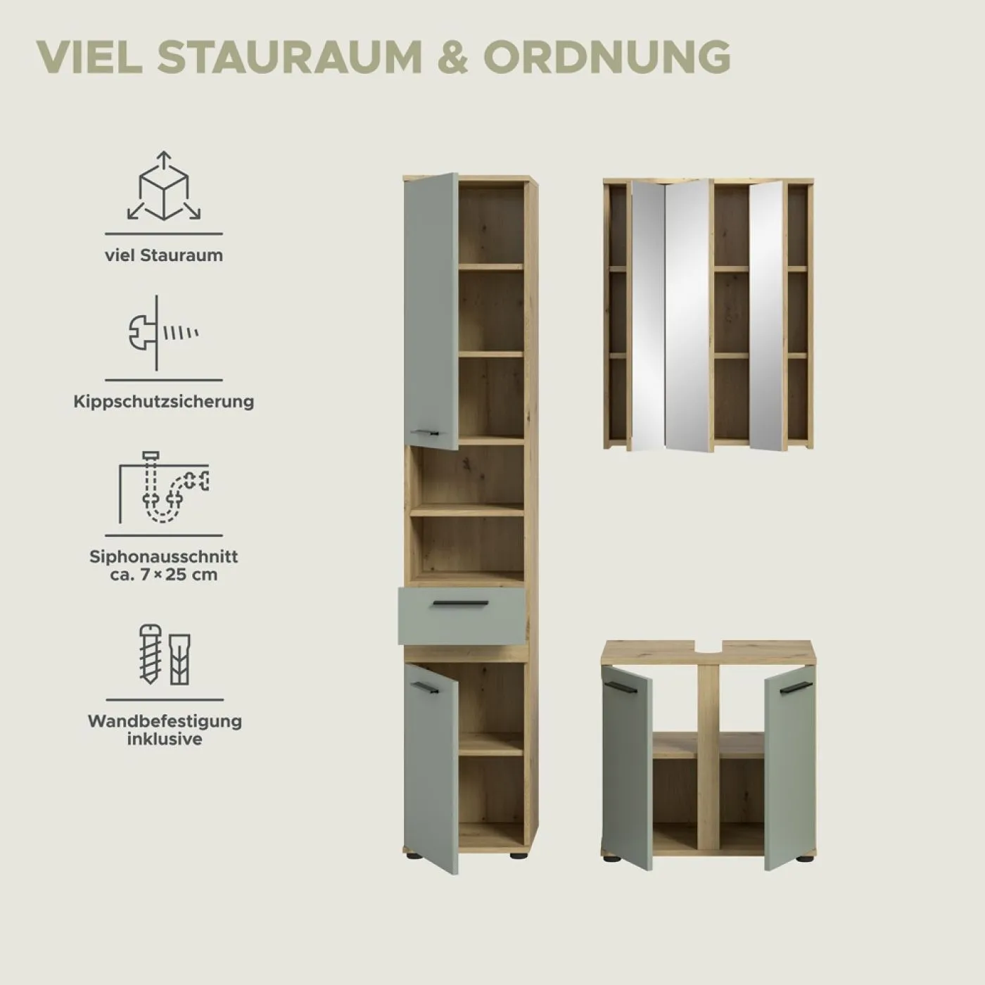 Badezimmer-Set Blake | Salbei / Artisan Eiche | 3-teilig