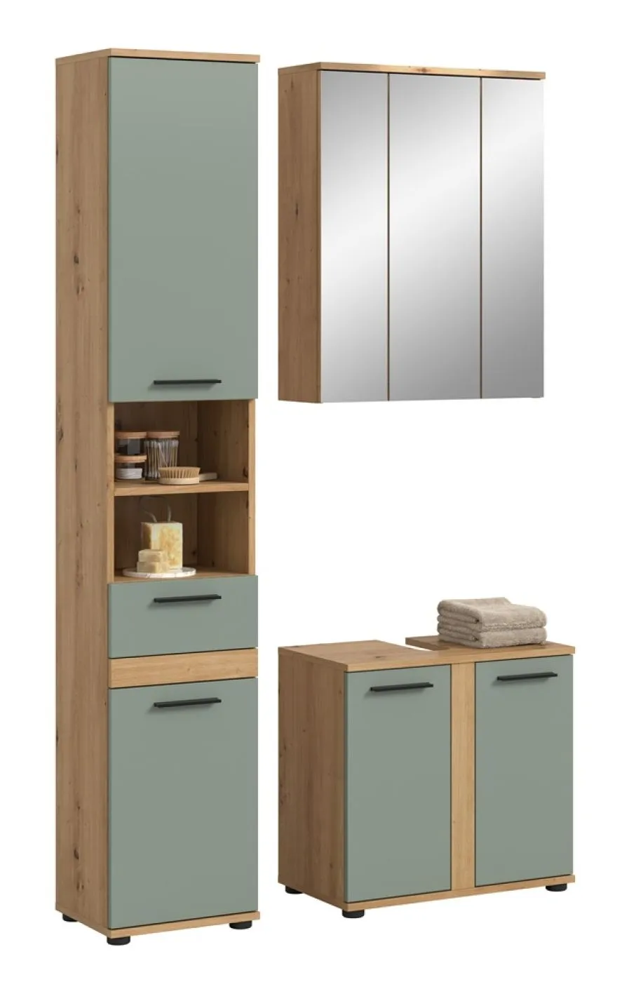Badezimmer-Set Blake | Salbei / Artisan Eiche | 3-teilig mit LED