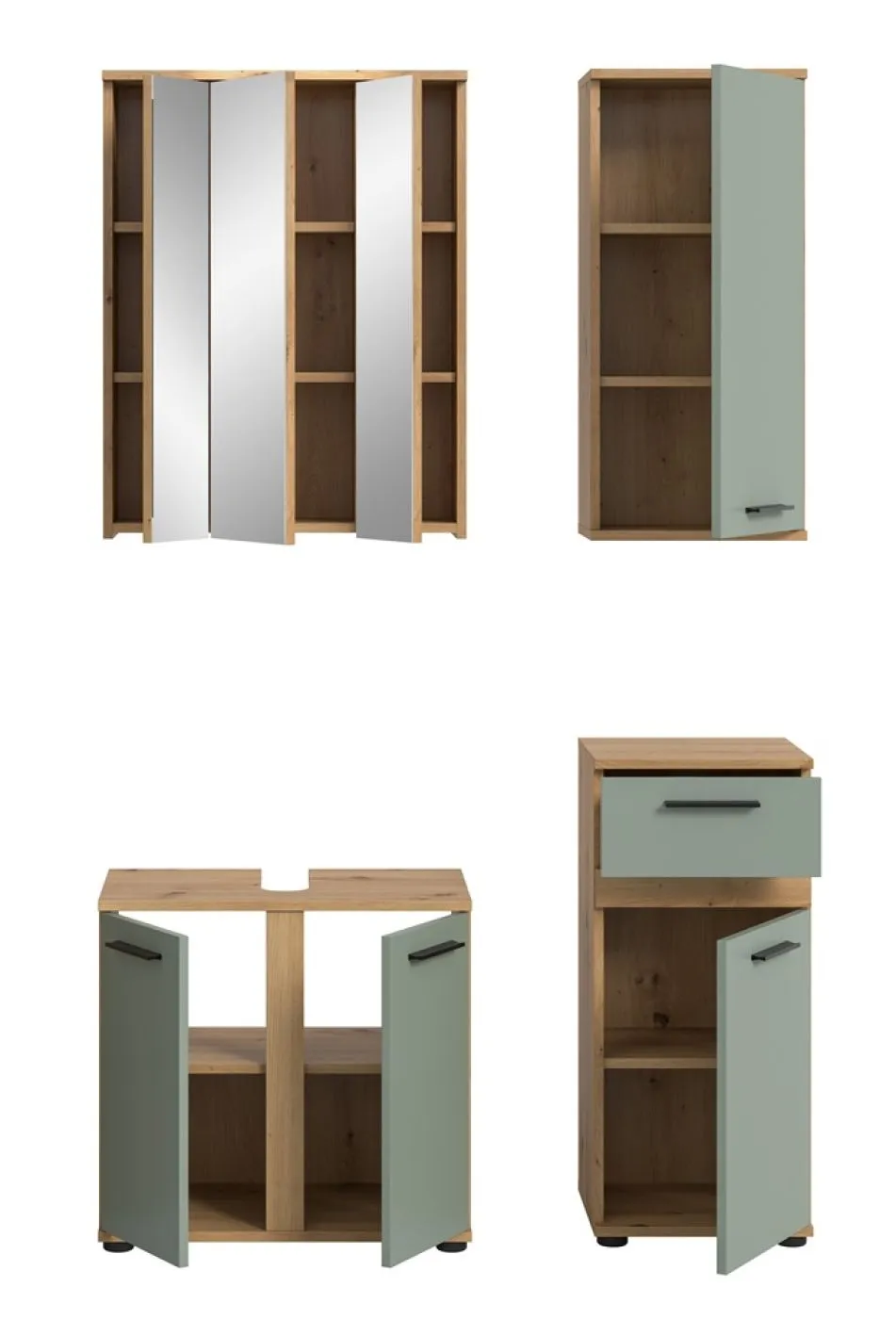 Badezimmer-Set Blake | Salbei / Artisan Eiche | 4-teilig mit Aufsatzleuchte