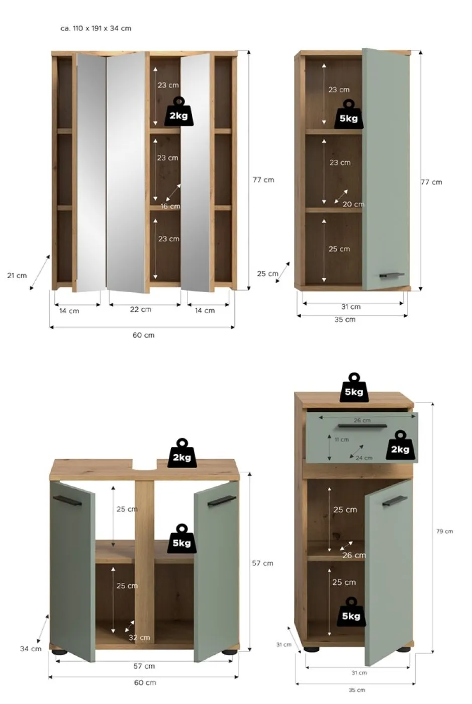 Badezimmer-Set Blake | Salbei / Artisan Eiche | 4-teilig mit Aufsatzleuchte