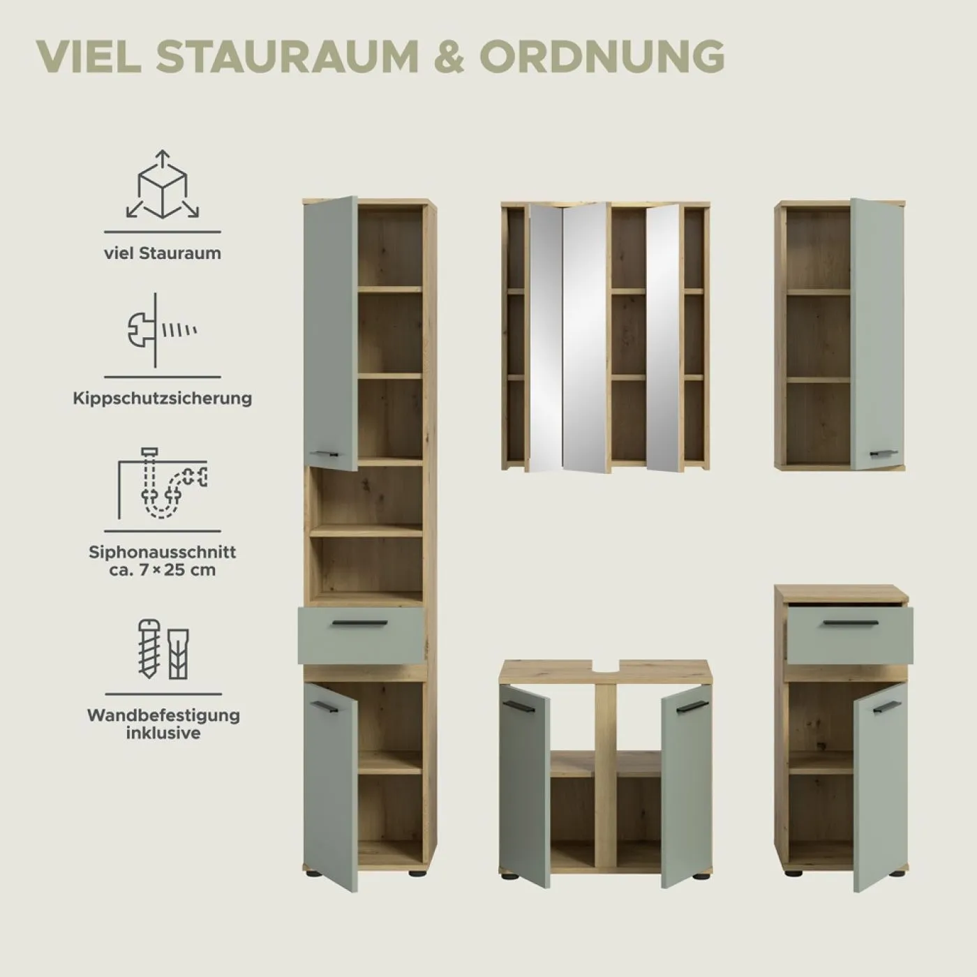 Badezimmer-Set Blake | Salbei / Artisan Eiche | 5-teilig