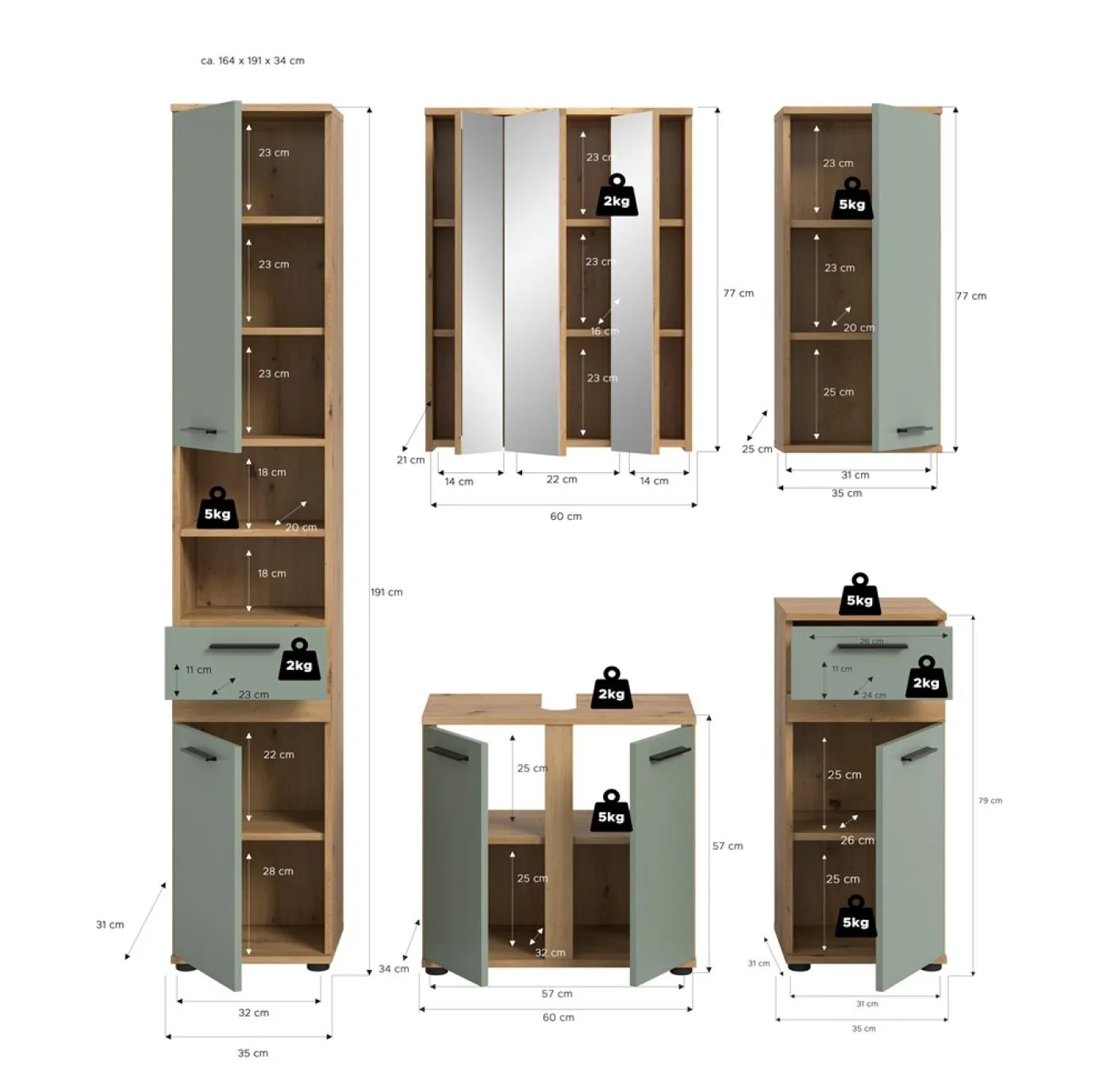 Badezimmer-Set Blake | Salbei / Artisan Eiche | 5-teilig ohne Beleuchtung