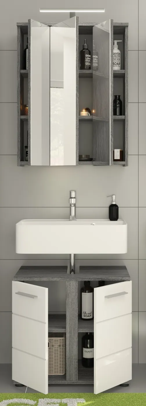 Badezimmer-Set Blake | weiß Hochglanz / rauchsilber | 2-teilig mit Aufsatzleuchte