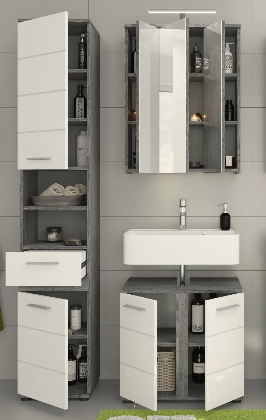 Badezimmer-Set Blake | weiß Hochglanz / rauchsilber | 3-teilig mit LED Aufsatzbeleuchtung