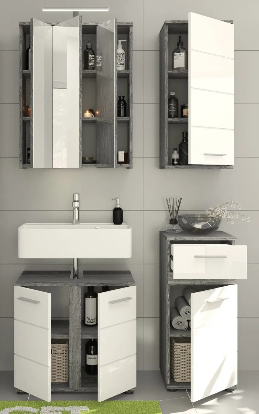 Badezimmer-Set Blake | weiß Hochglanz / rauchsilber | 4-teilig ohne Aufsatzleuchte