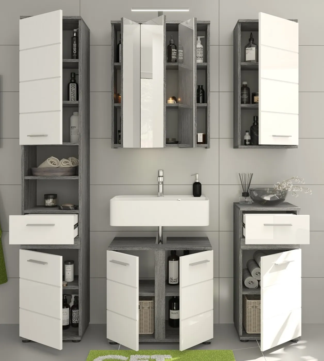 Badezimmer-Set Blake | weiß Hochglanz / rauchsilber | 5-teilig