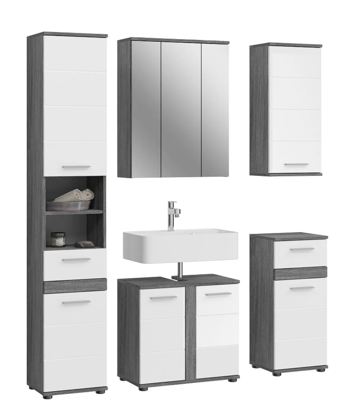 Badezimmer-Set Blake | weiß Hochglanz / rauchsilber | 5-teilig mit LED Aufsatzbeleuchtung