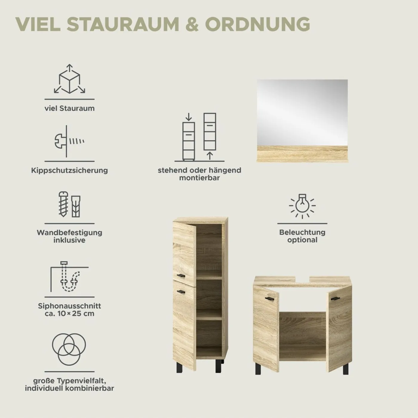 Badezimmer Set Boston 2 | 3-teilig | Eiche Sonoma