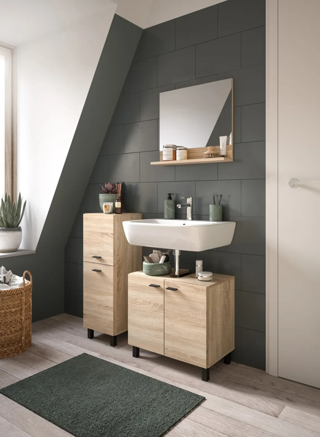 Badezimmer Set Boston 2 | 3-teilig | Eiche Sonoma | mit Aufsatzleuchte