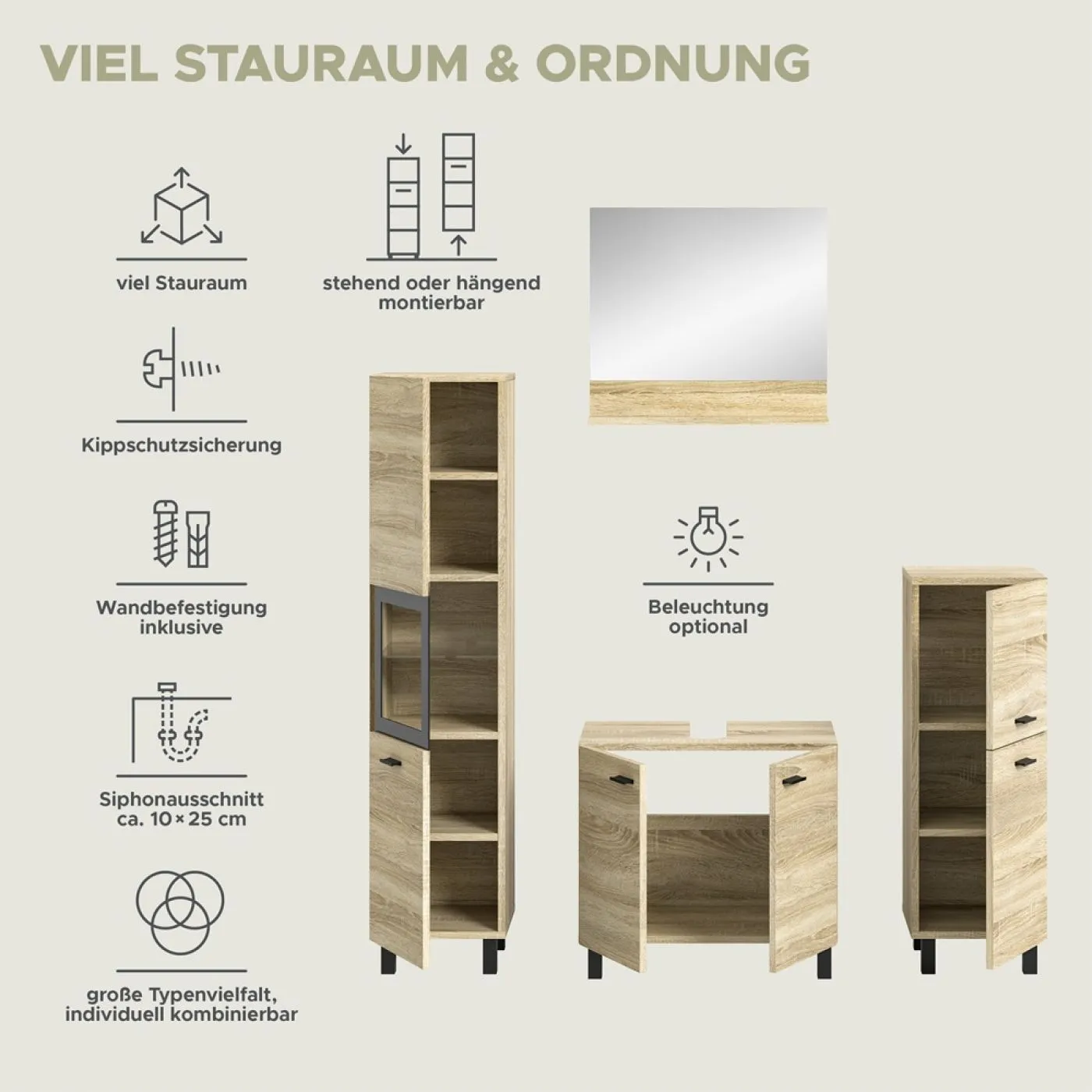 Badezimmer Set Boston 2 | 4-teilig | Eiche Sonoma