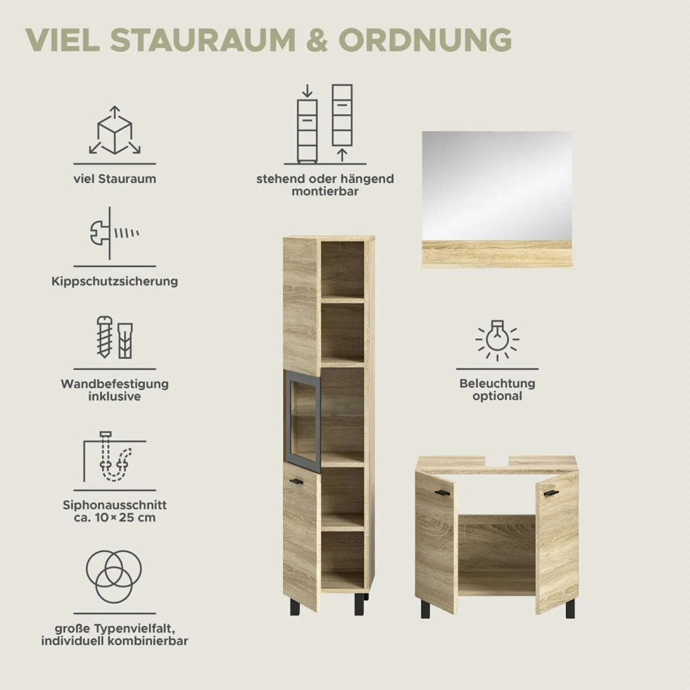 Badezimmer Set Boston 3 | 3-teilig | Eiche Sonoma