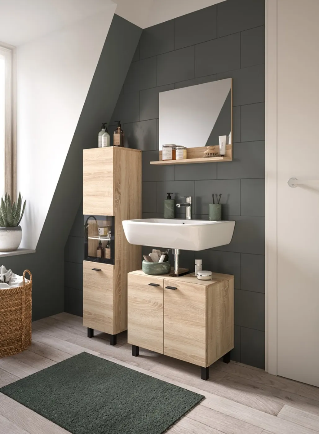 Badezimmer Set Boston 3 | 3-teilig | Eiche Sonoma | mit Aufsatzleuchte