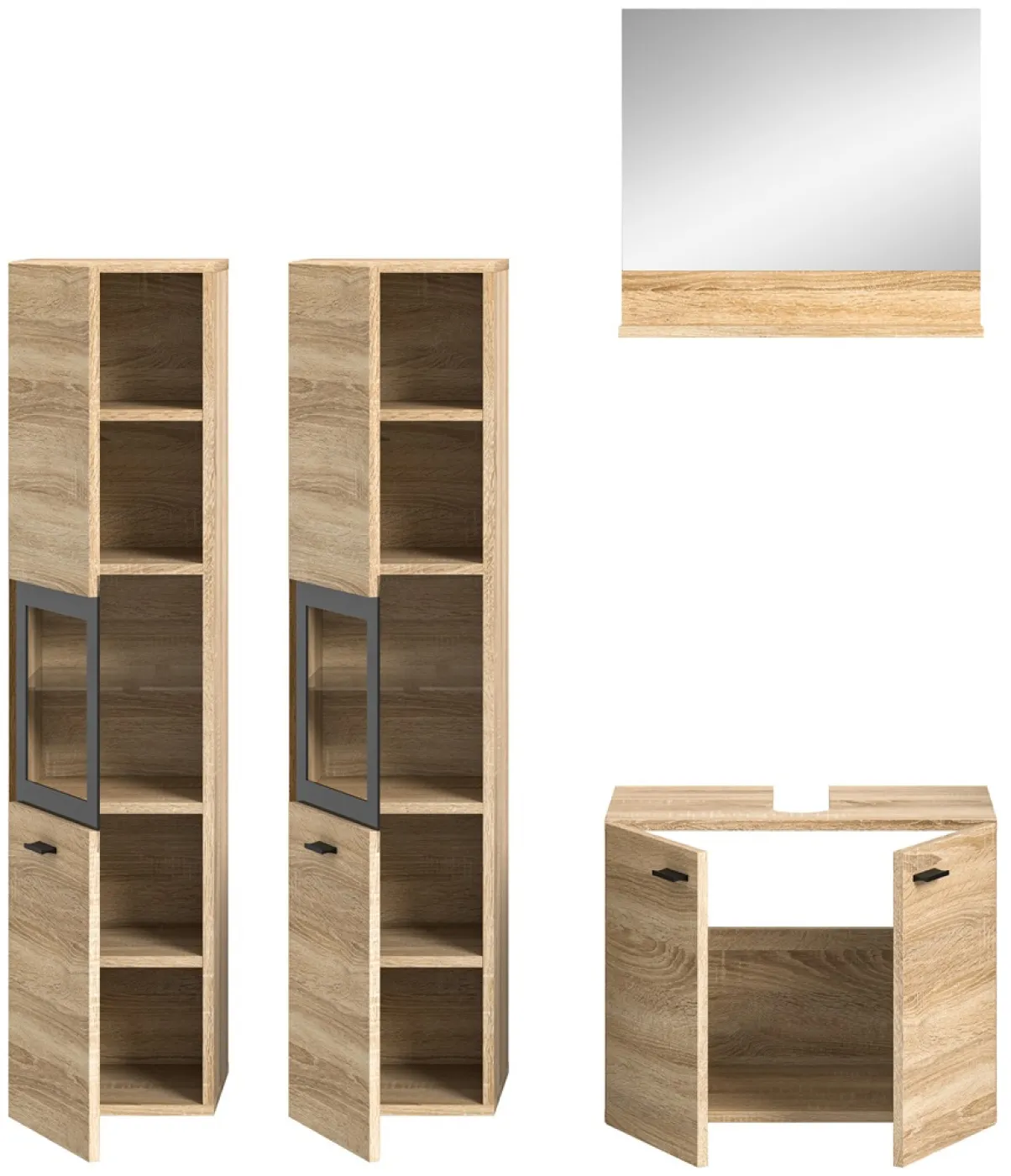 Badezimmer Set Boston 3 | 4-teilig | Eiche Sonoma | mit Aufsatzleuchte & Glasbodenclip
