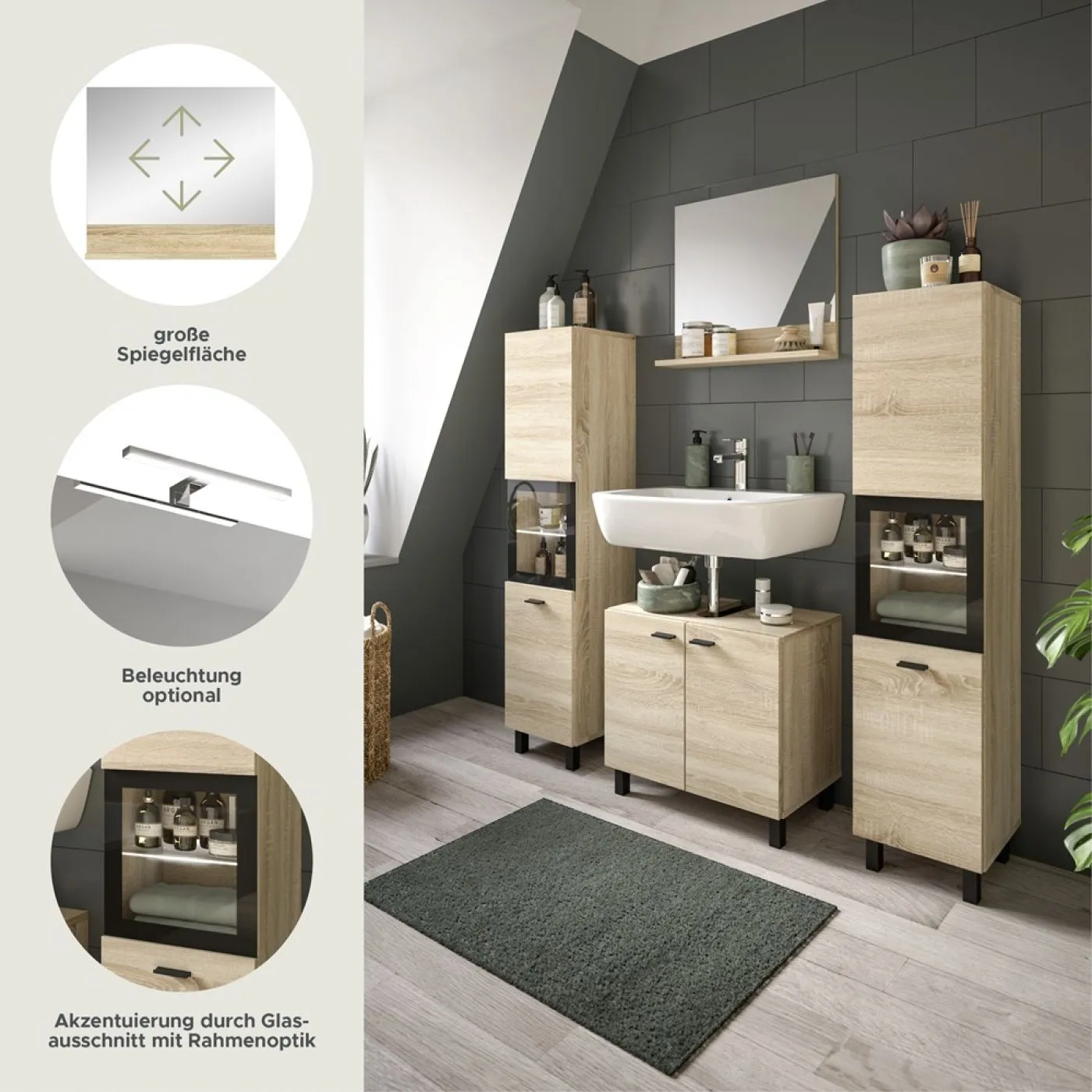 Badezimmer Set Boston 3 | 4-teilig | Eiche Sonoma | ohne Aufsatzleuchte