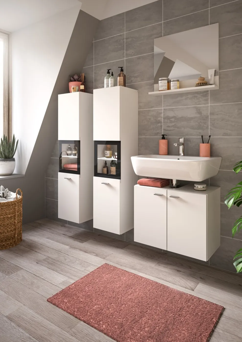 Badezimmer Set Boston 3 | 4-teilig | weiß | mit Aufsatzleuchte & Glasbodenclip