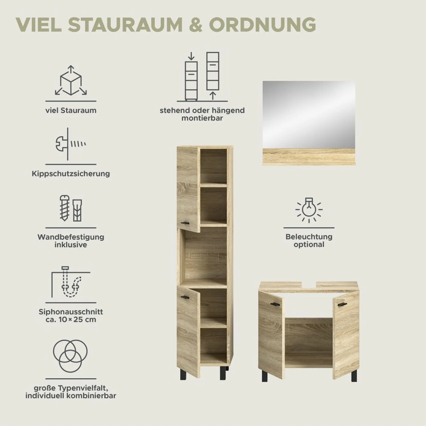 Badezimmer Set Boston | 3-teilig | Eiche Sonoma