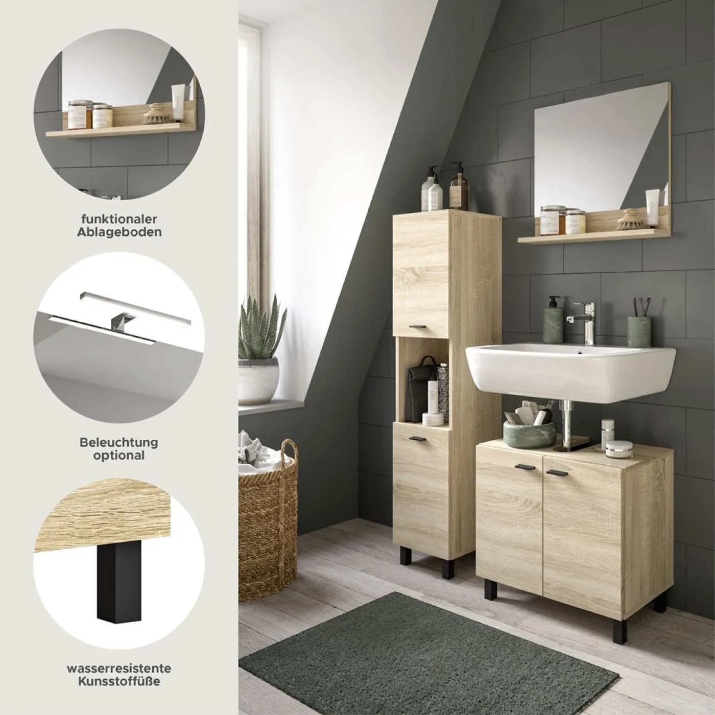 Badezimmer Set Boston | 3-teilig | Eiche Sonoma