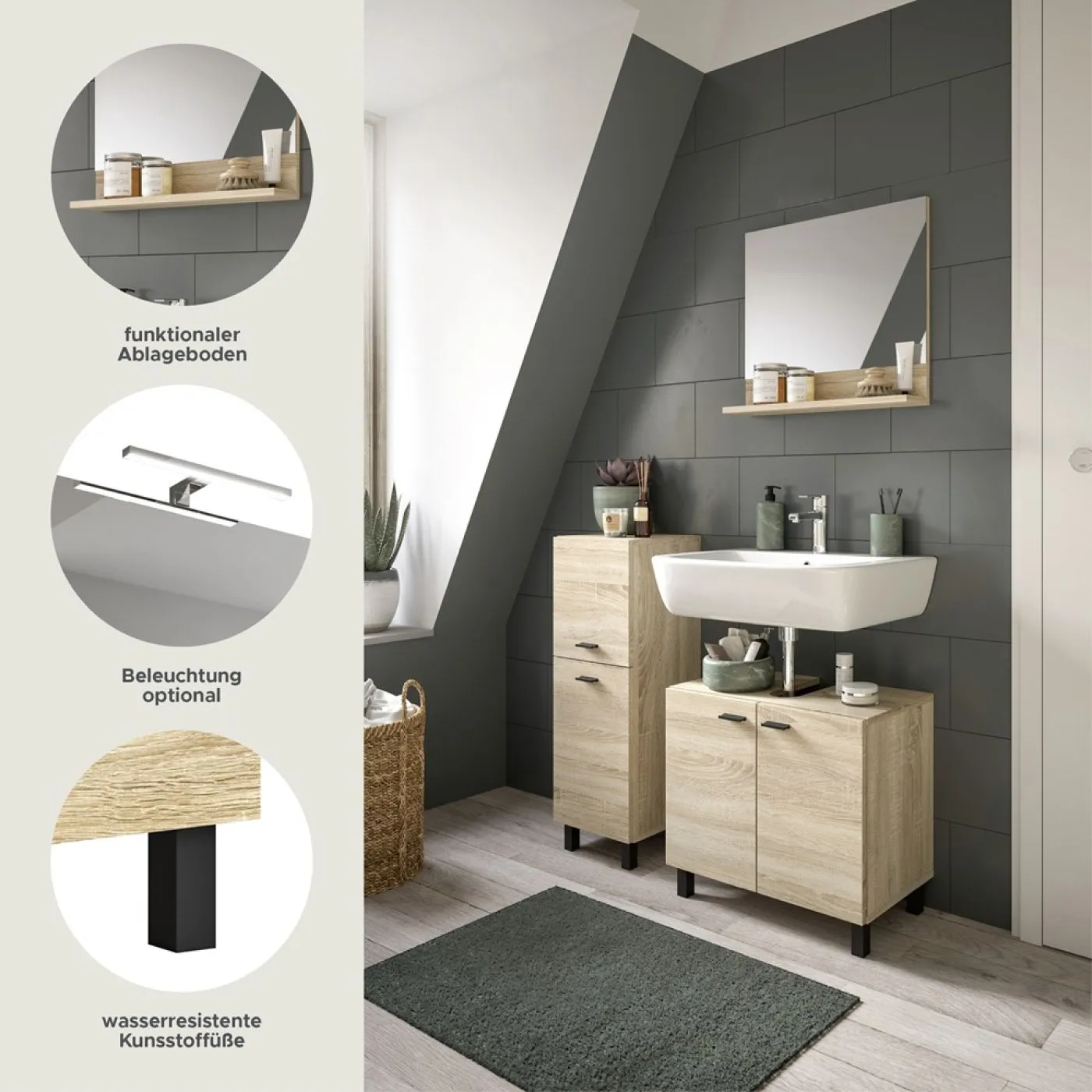 Badezimmer Set Boston 4 | 4-teilig | Eiche Sonoma | mit Aufsatzleuchte