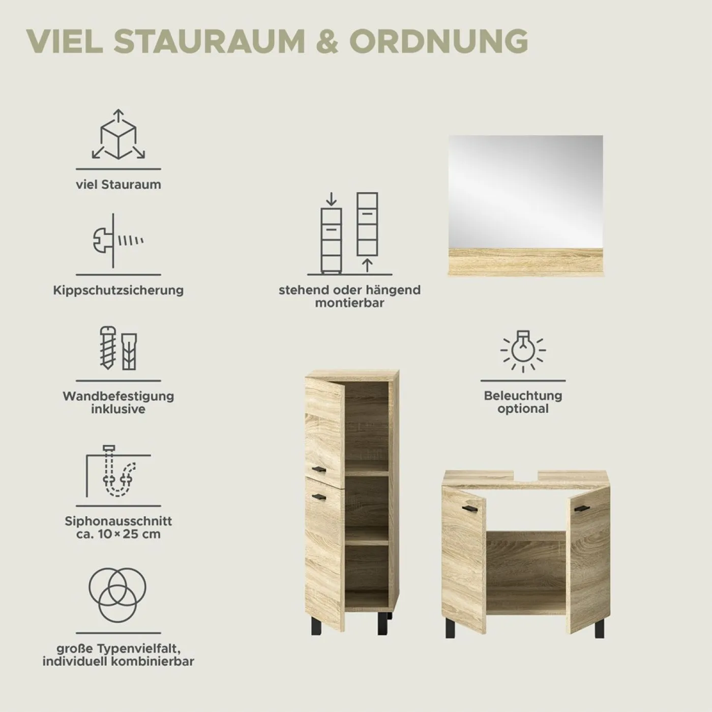 Badezimmer Set Boston 4 | 4-teilig | Eiche Sonoma | ohne Aufsatzleuchte