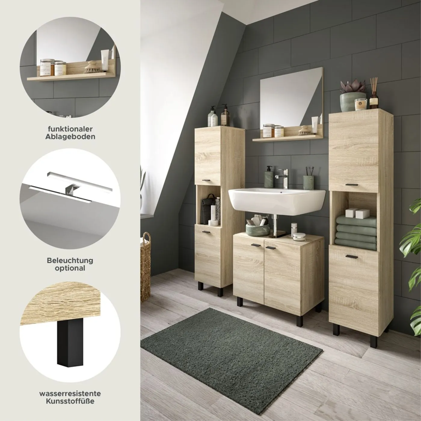 Badezimmer Set Boston | 4-teilig | Sonoma Eiche