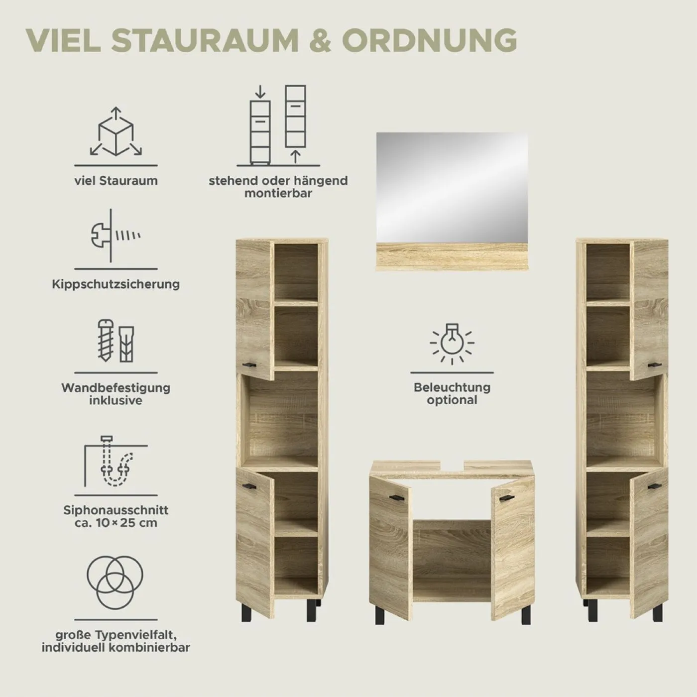 Badezimmer Set Boston | 4-teilig | Sonoma Eiche