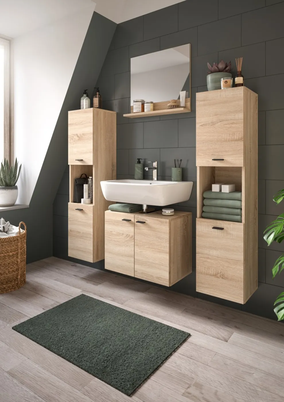 Badezimmer Set Boston | 4-teilig | Sonoma Eiche | mit Aufsatzleuchte