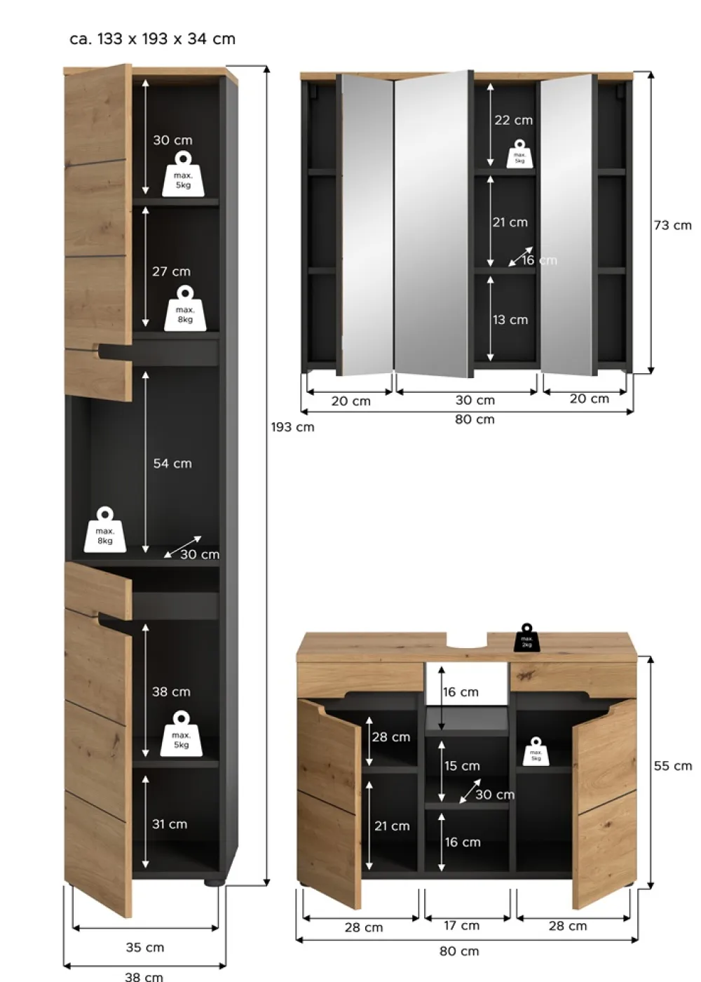 Badezimmer Set Canu 2 | 3-teilig | Artisan Eiche / Basalt grau | ohne Aufsatzleuchte