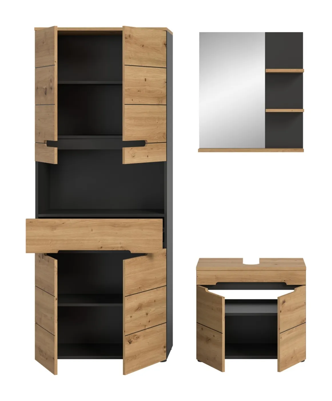 Badezimmer Set Canu 3 | 3-teilig | Artisan Eiche / Basalt grau | ohne Aufsatzleuchte