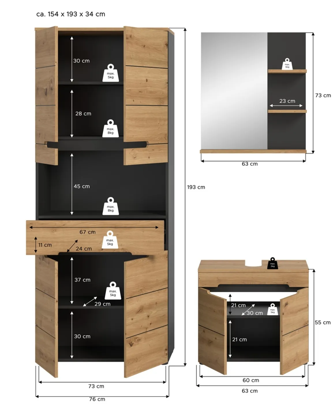 Badezimmer Set Canu 3 | 3-teilig | Artisan Eiche / Basalt grau | optional Beleuchtung