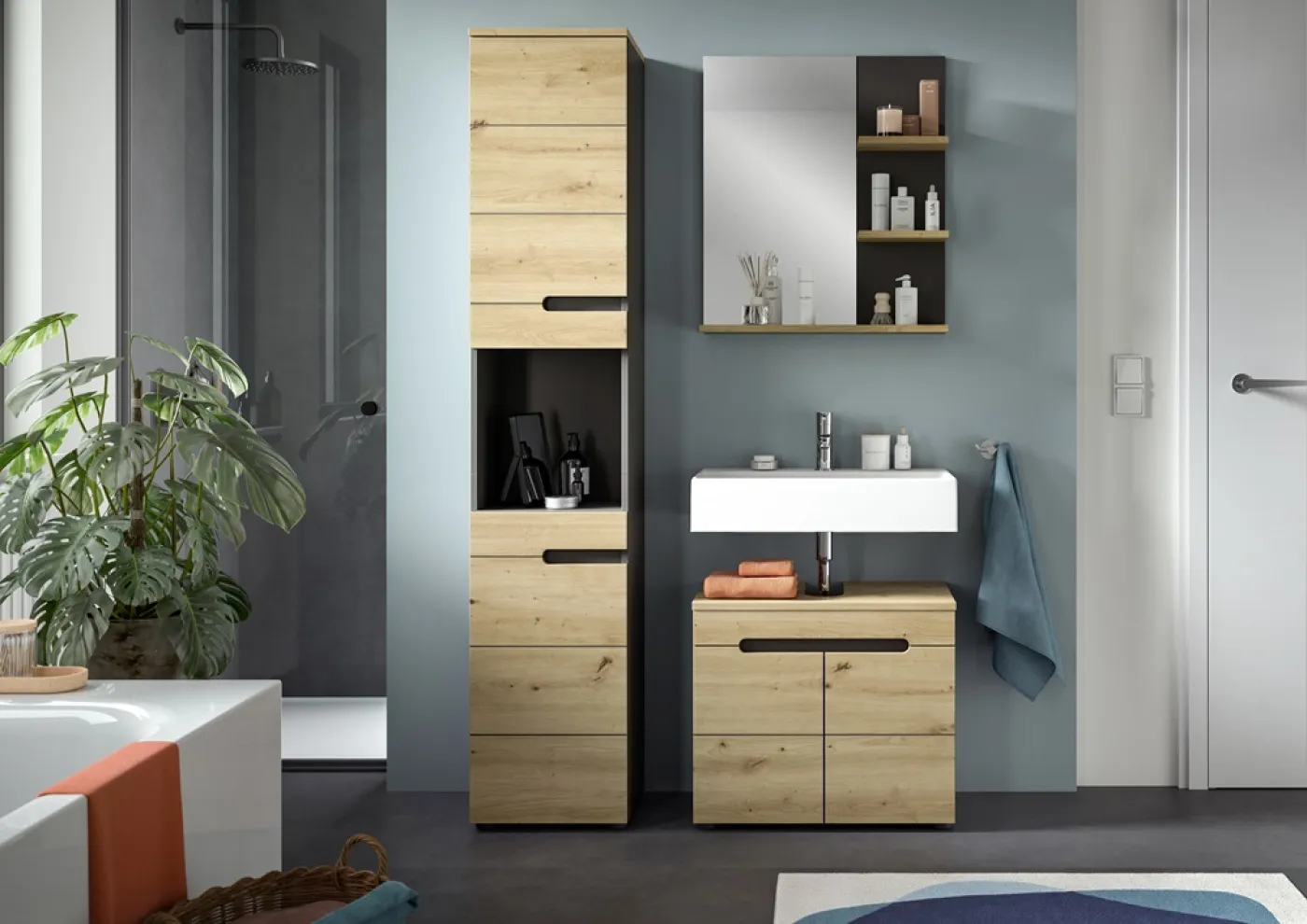 Badezimmer Set Canu | 3-teilig | Artisan Eiche / Basalt grau | ohne Aufsatzleuchte