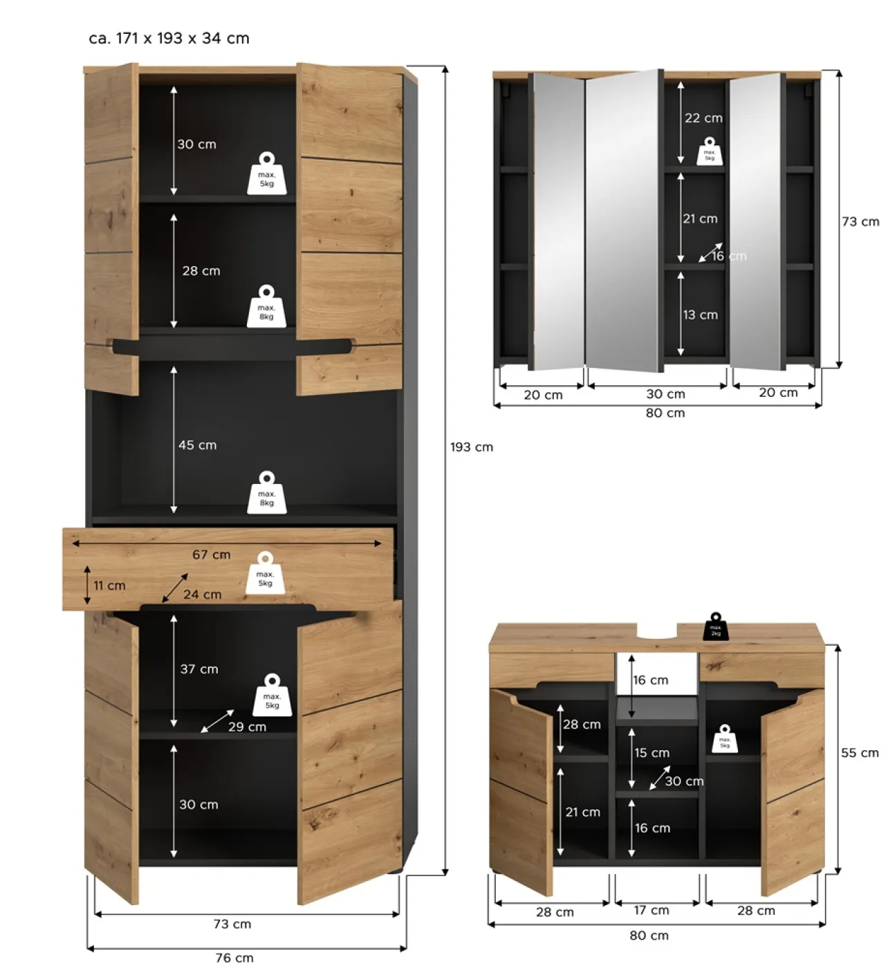 Badezimmer Set Canu 4 | 3-teilig | Artisan Eiche / Basalt grau | optional Beleuchtung