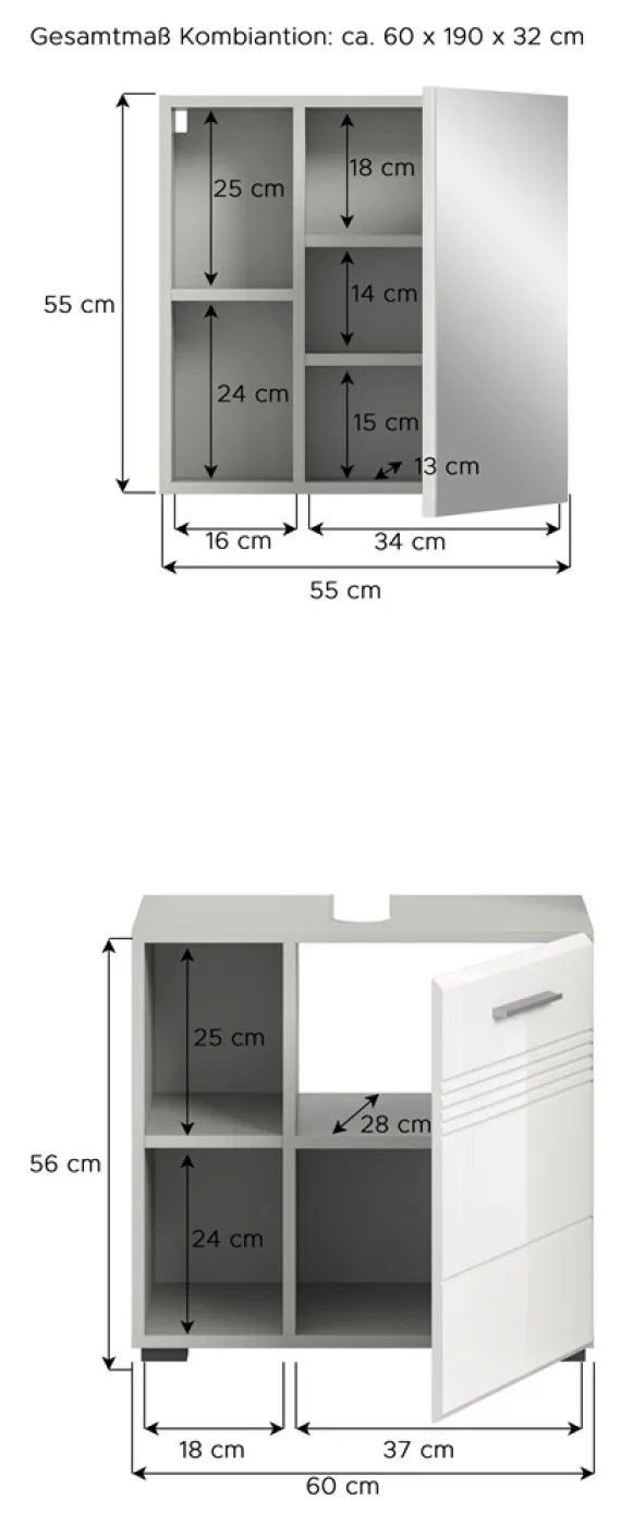 Badezimmer-Set Copa 1 | 2-teilig | grau / weiß Hochglanz mit Aufsatzleuchte