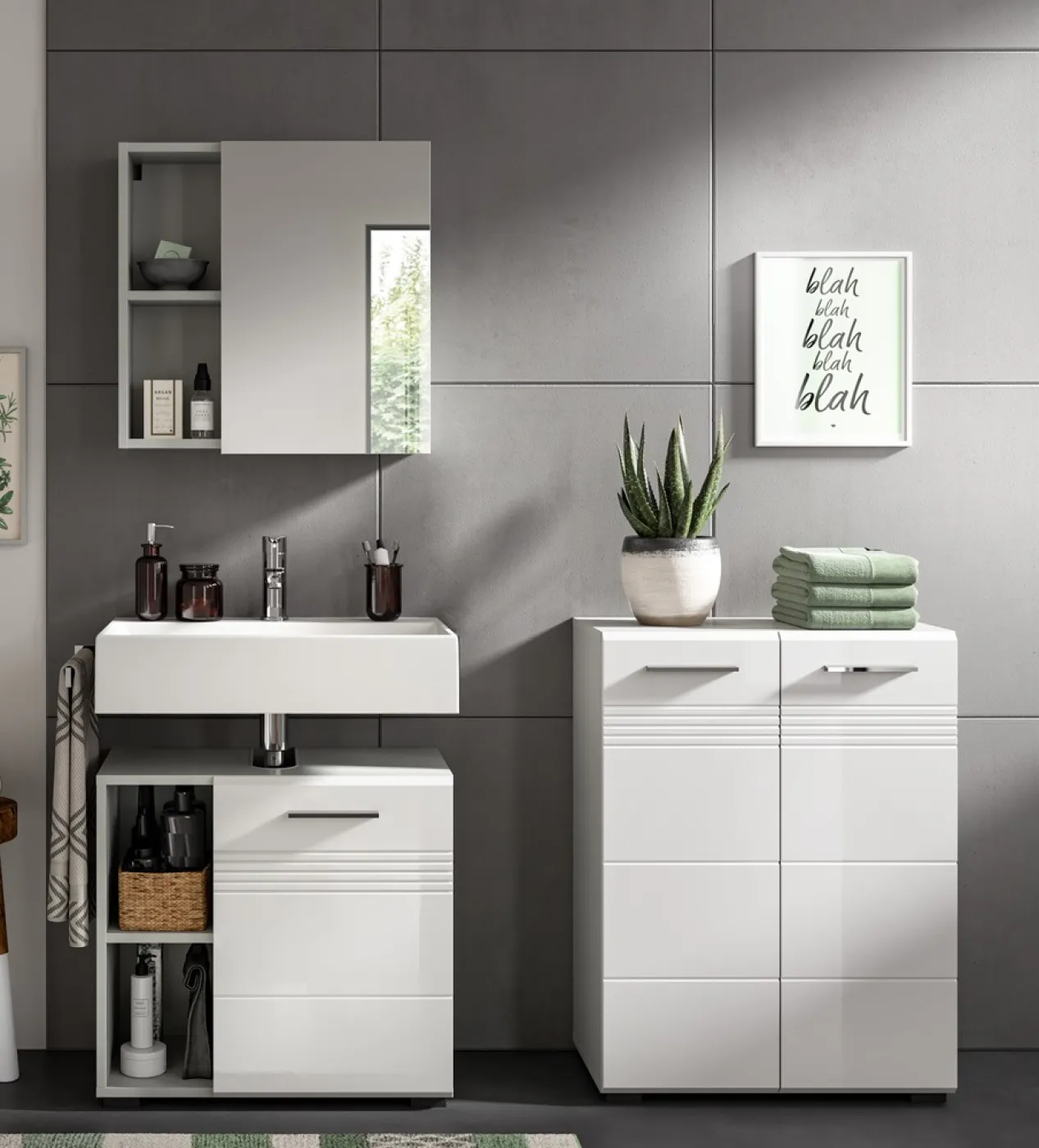 Badezimmer-Set Copa 1 | 2-teilig | grau / weiß Hochglanz mit Aufsatzleuchte