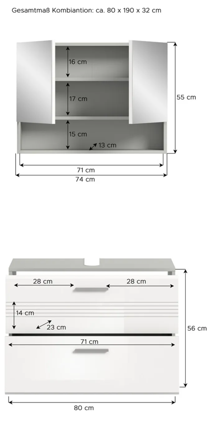 Badezimmer-Set Copa 2 | 2-teilig | grau / weiß Hochglanz mit Aufsatzleuchte