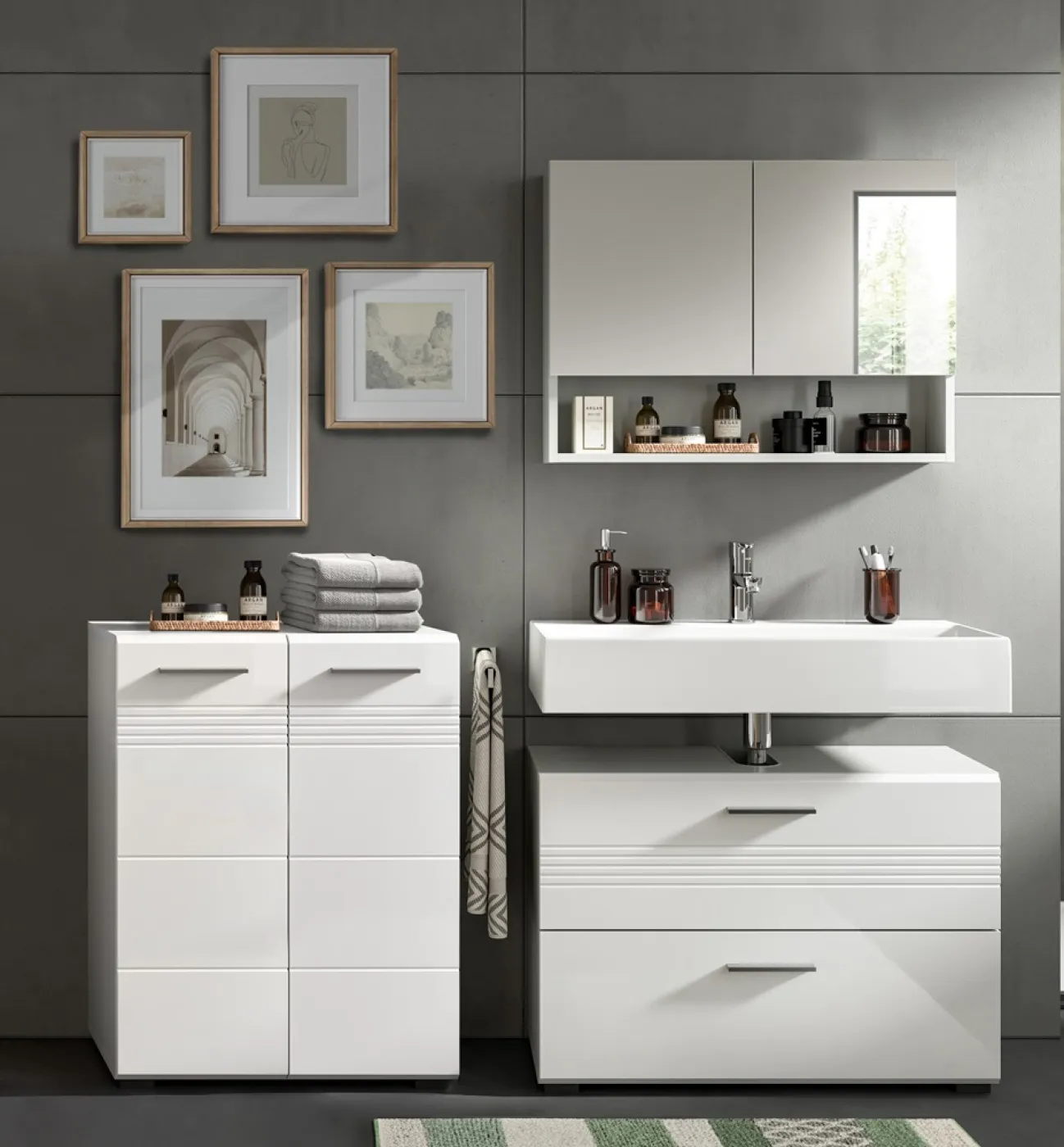 Badezimmer-Set Copa 2 | 2-teilig | grau / weiß Hochglanz mit Aufsatzleuchte