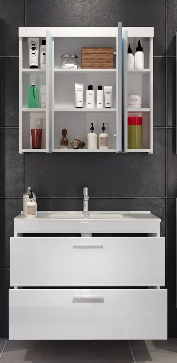 Badezimmer-Set Devon | inkl. Waschbecken | weiß Hochglanz | 2-teilig ohne Aufsatzleuchte