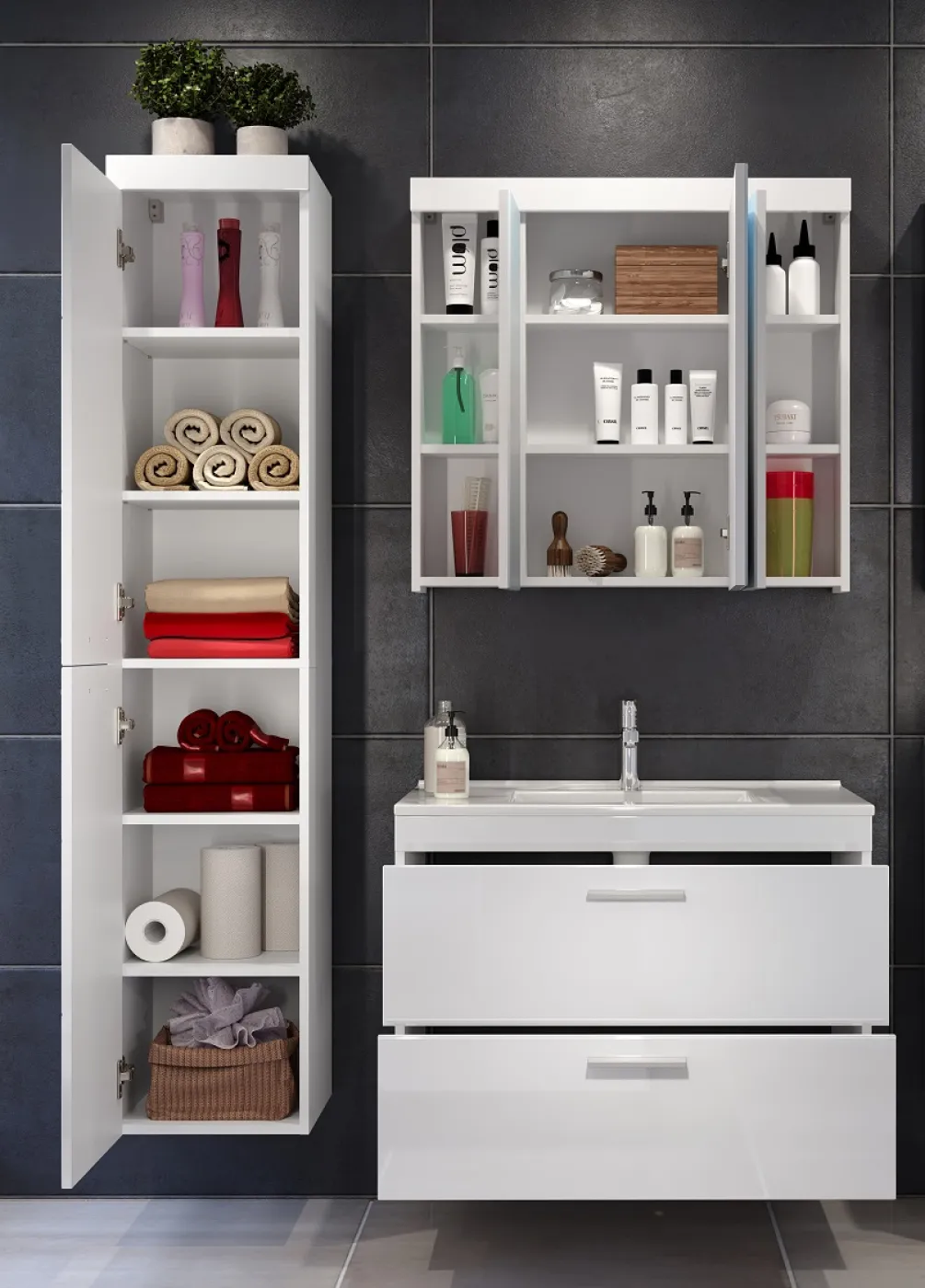 Badezimmer Set Devon | inkl. Waschbecken | weiß Hochglanz | 3-teilig