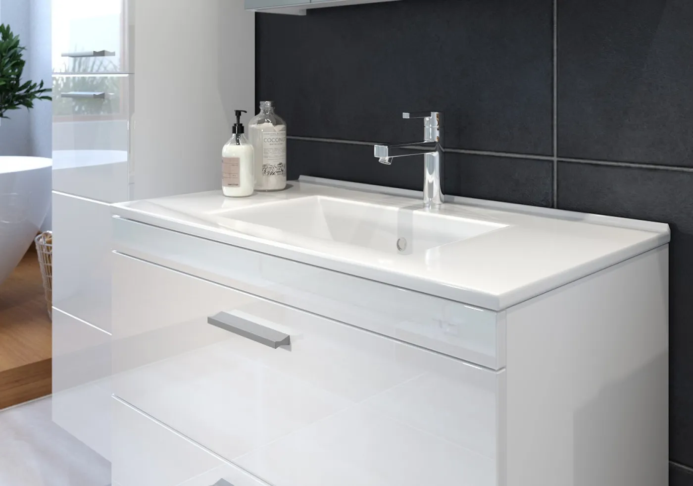 Badezimmer Set Devon | inkl. Waschbecken | weiß Hochglanz | 3-teilig mit Aufsatzleuchte