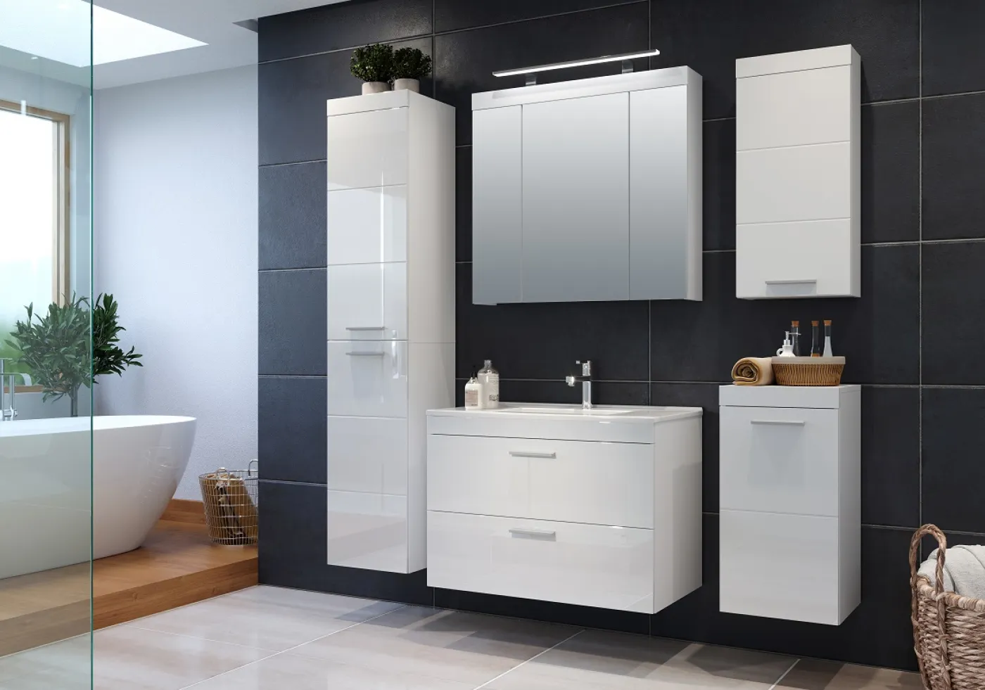 Badezimmer Set Devon | inkl. Waschbecken | weiß Hochglanz | 3-teilig mit Aufsatzleuchte